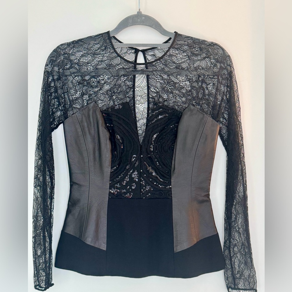 Carmen Marc Valvo Elegant Black Leather and Lace Women's Top NWT